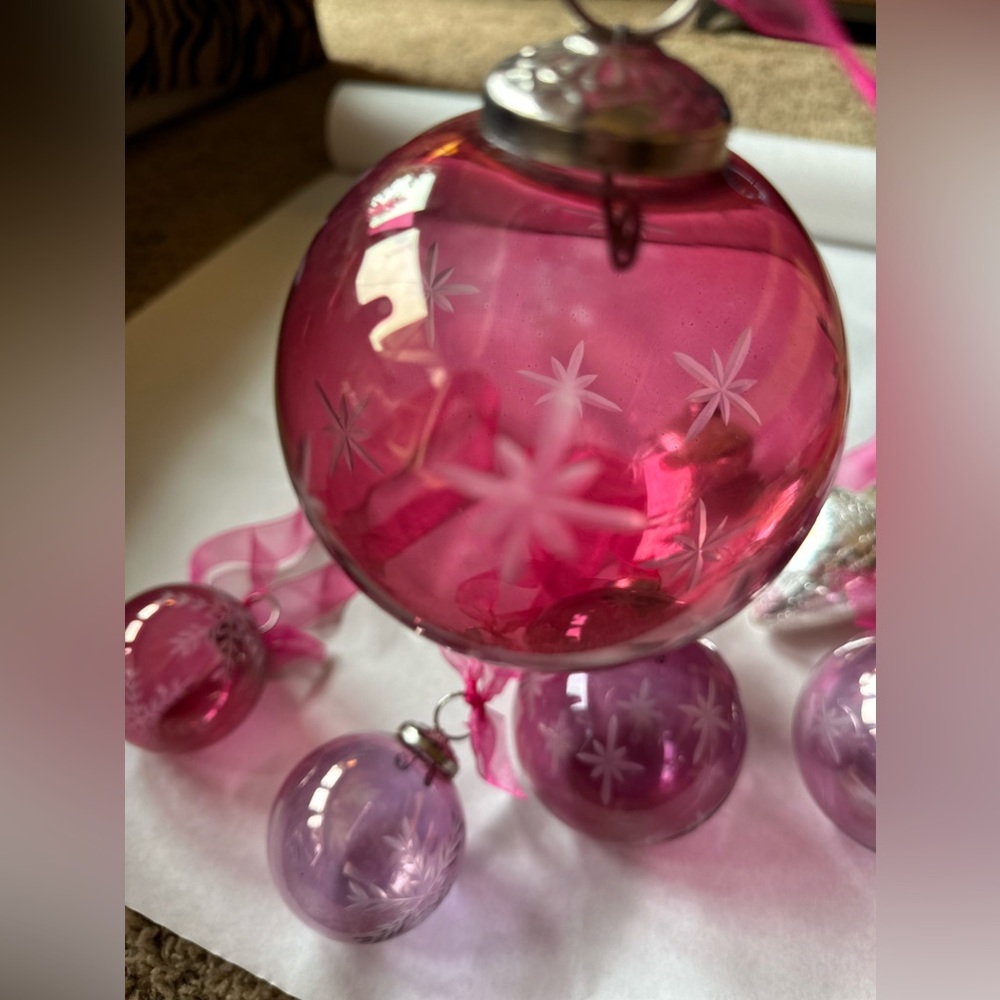 Pottery Barn large Vintage Glass Ornament Bundle of 8 pinks metcury glass etched